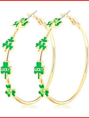 Shamrock Charm Hoop Earrings, Alloy Metal, Festive Holiday Jewelry